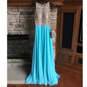 Glamour by Terani Couture High Neck Beaded Long Dress Maxi Prom Formal Aqua Sz 2